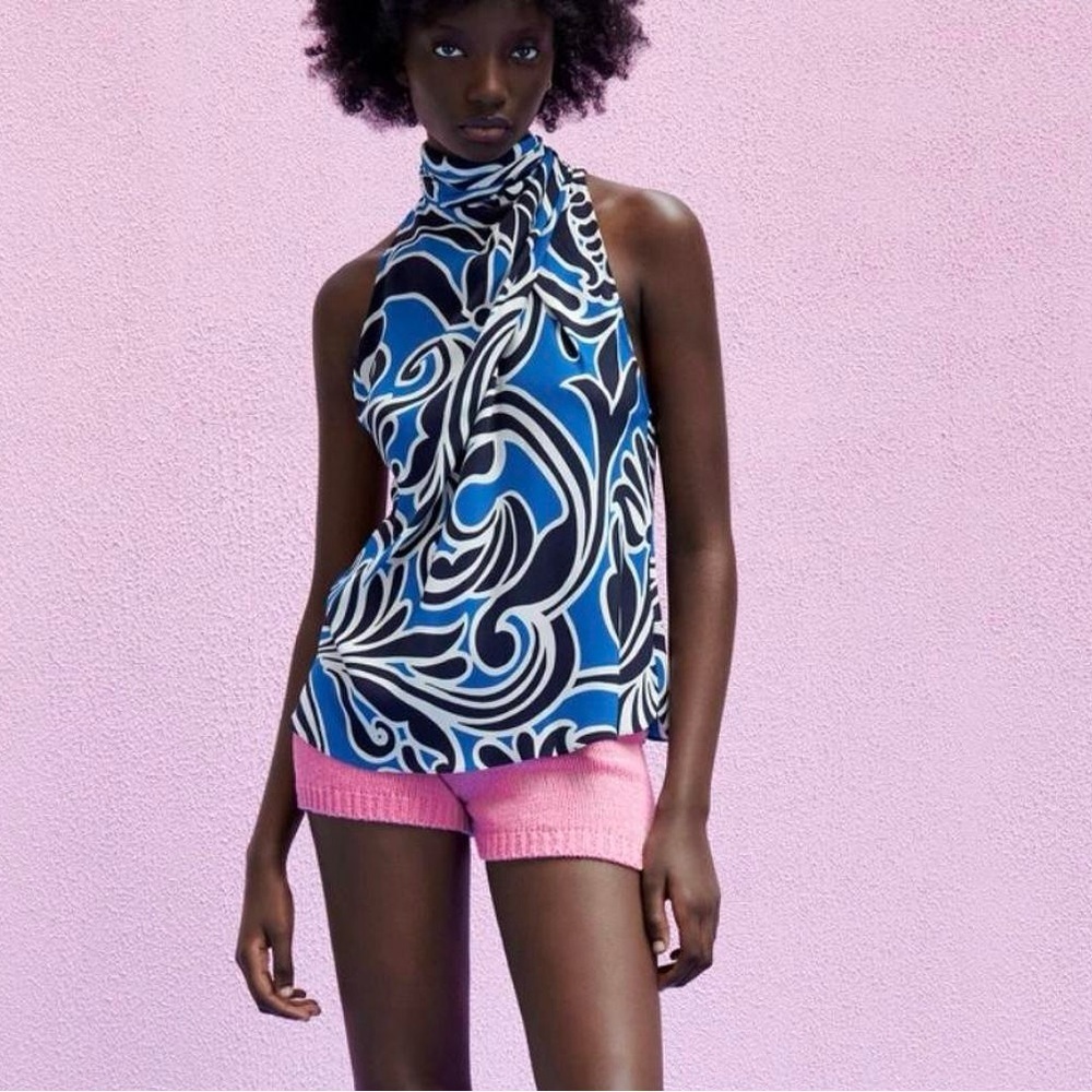 New Zara Abstract Print Draped Halter Top Sz Medium